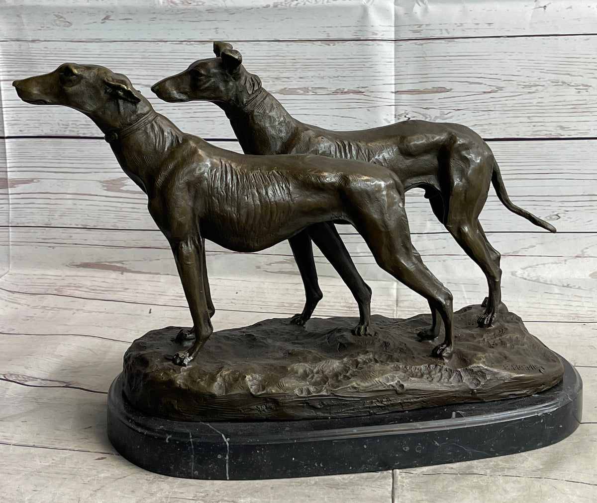Pair of Greyhounds - Two Slender Racing Dogs Handmade Bronze Sculpture by Fremiet