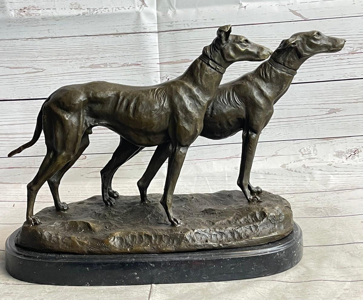 Pair of Greyhounds - Two Slender Racing Dogs Handmade Bronze Sculpture by Fremiet