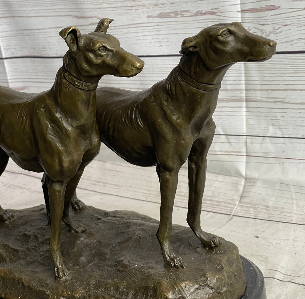Pair of Greyhounds - Two Slender Racing Dogs Handmade Bronze Sculpture by Fremiet