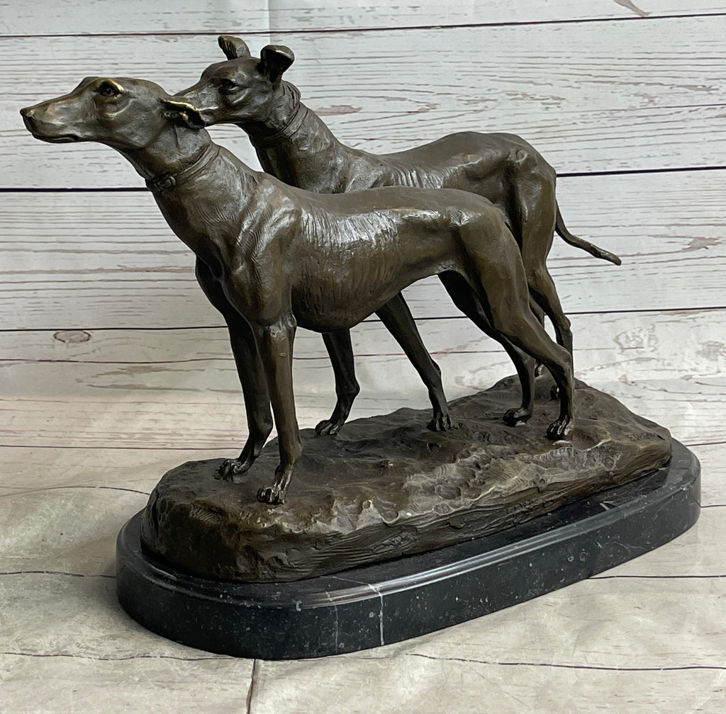 Pair of Greyhounds - Two Slender Racing Dogs Handmade Bronze Sculpture by Fremiet