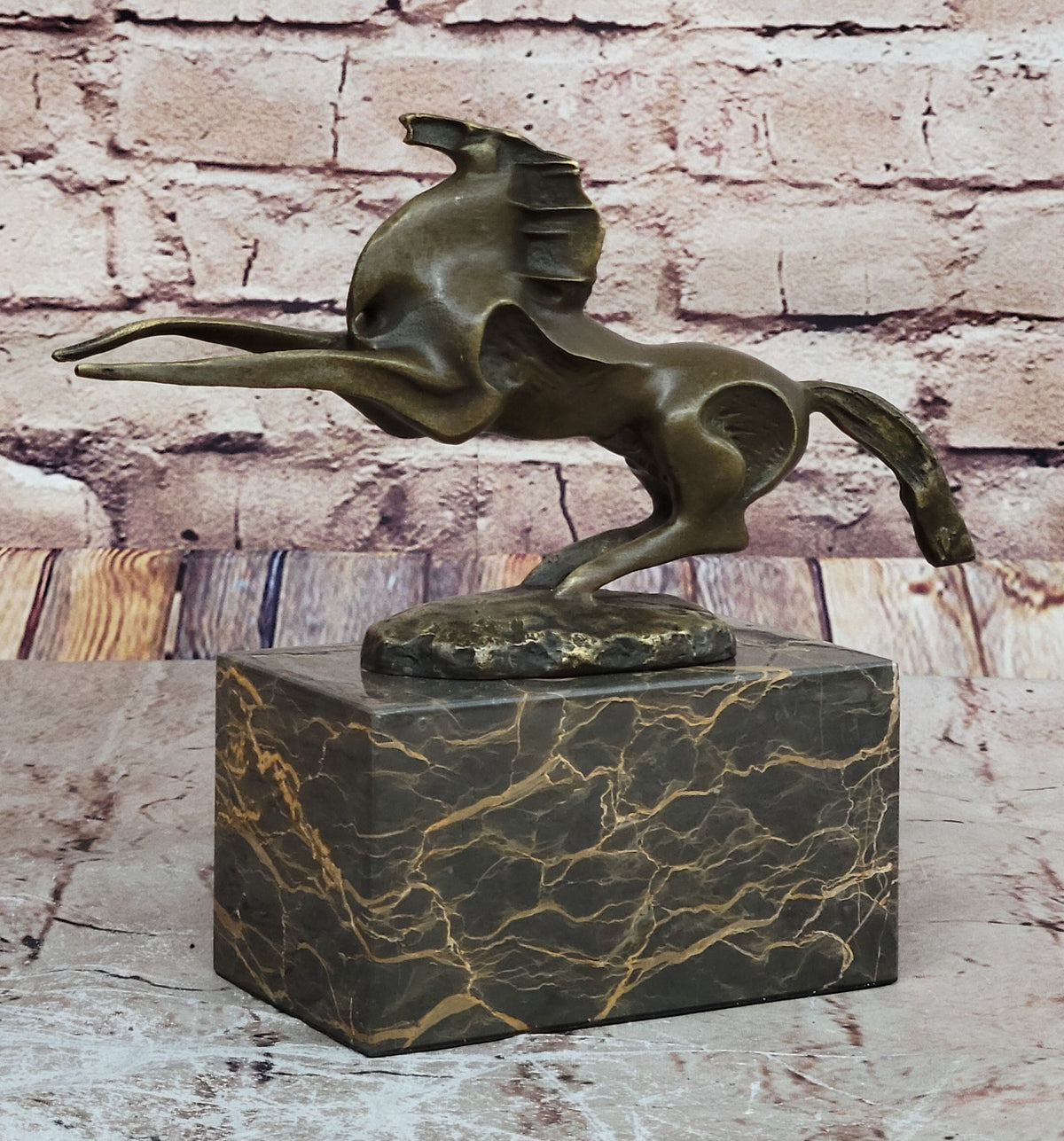 Abstract Modern Contemporary Horse Figurine Bronze Sculpture on Marble Base