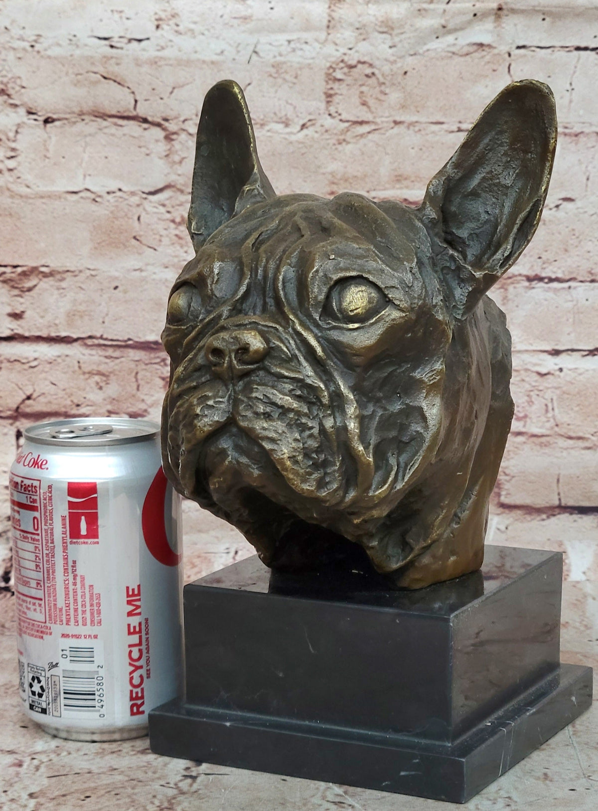 French Bulldog Puppy Dog Bronze Bust Sculpture Statue Decor on Marble Base
