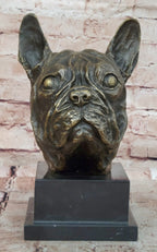 French Bulldog Puppy Dog Bronze Bust Sculpture Statue Decor on Marble Base