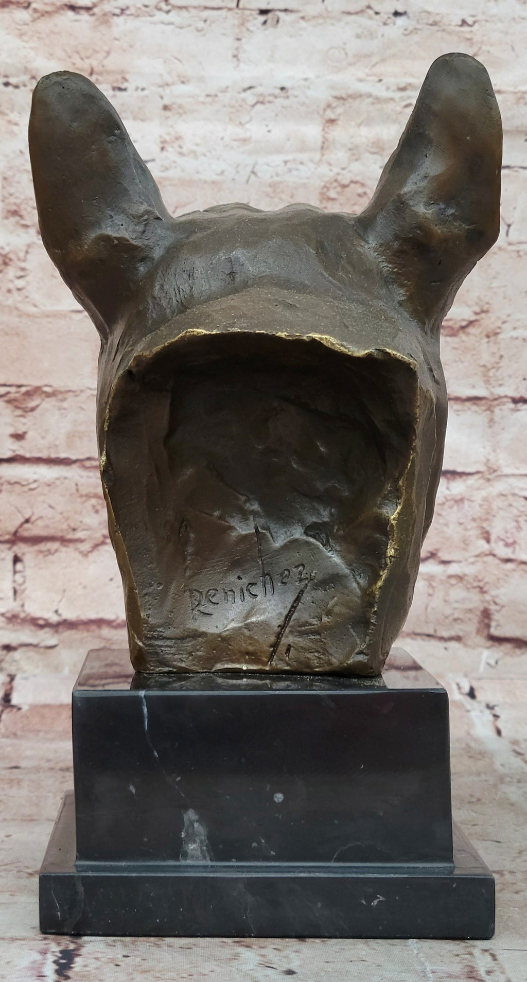 French Bulldog Puppy Dog Bronze Bust Sculpture Statue Decor on Marble Base