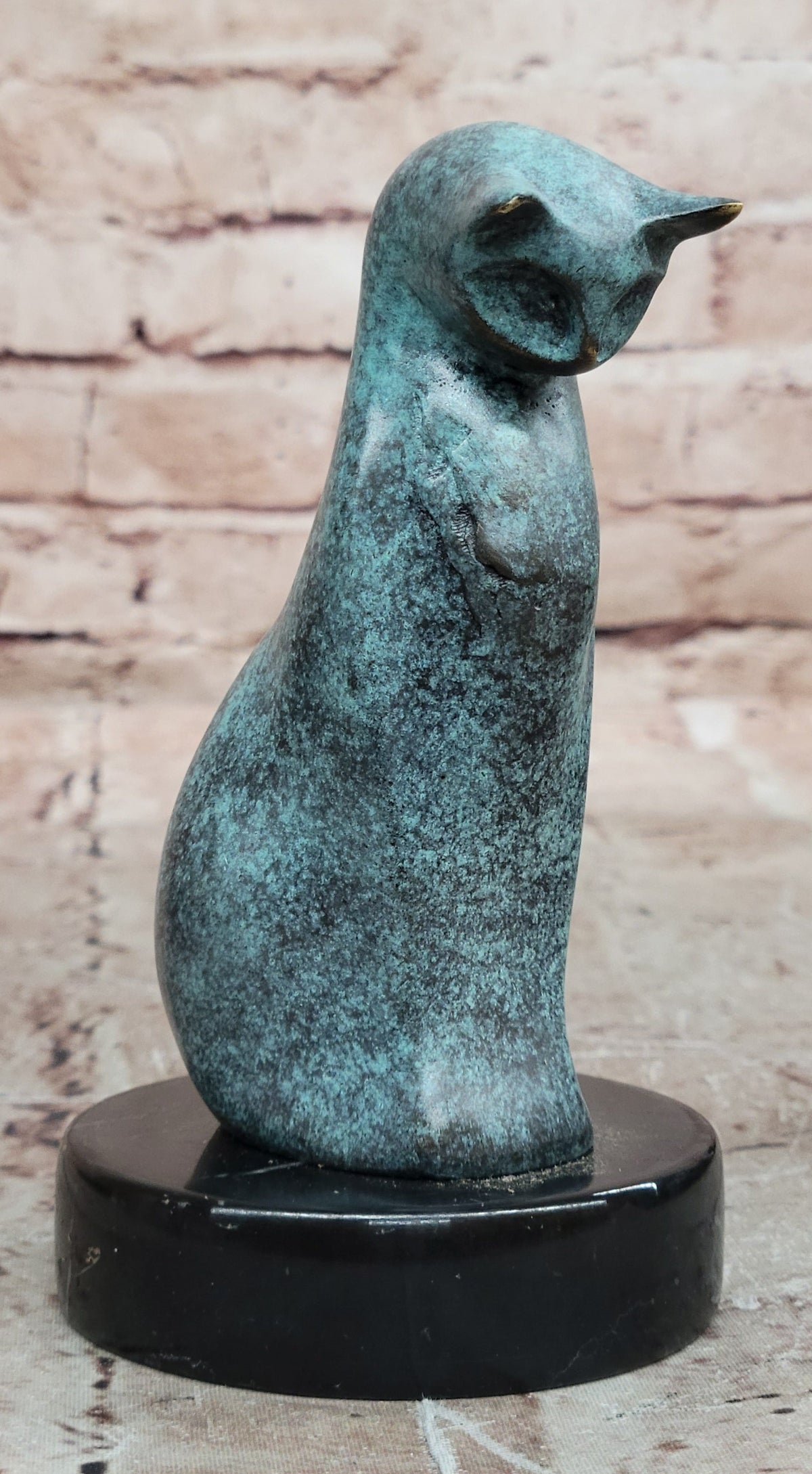 Modern Bronze Cat Sculpture – Abstract Feline Statue with Verdigris Patina