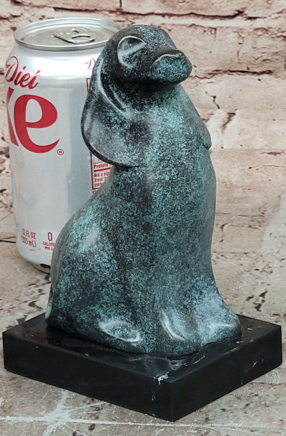 Abstract Bronze Sitting Dog Sculpture with Green Patina on Marble Base
