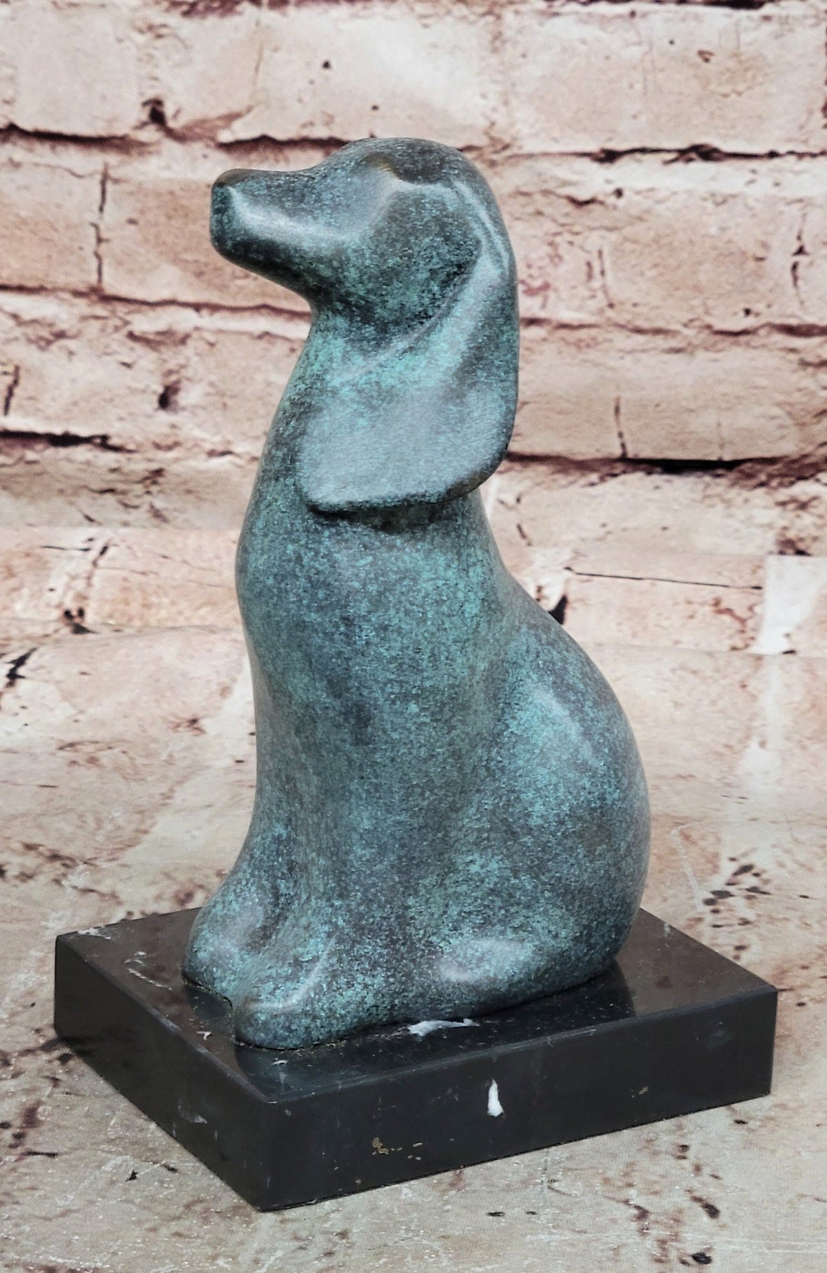Abstract Bronze Sitting Dog Sculpture with Green Patina on Marble Base
