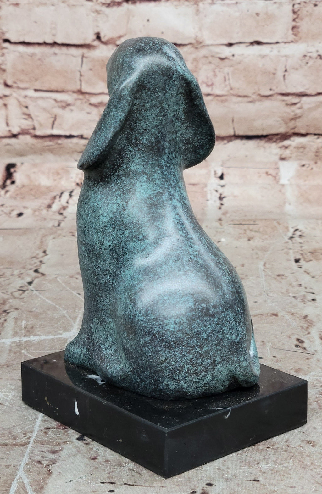 Abstract Bronze Sitting Dog Sculpture with Green Patina on Marble Base
