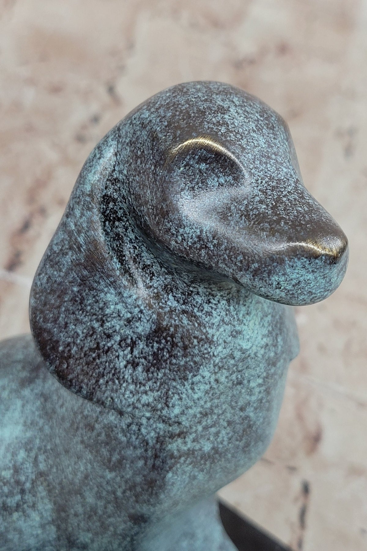 Abstract Bronze Sitting Dog Sculpture with Green Patina on Marble Base