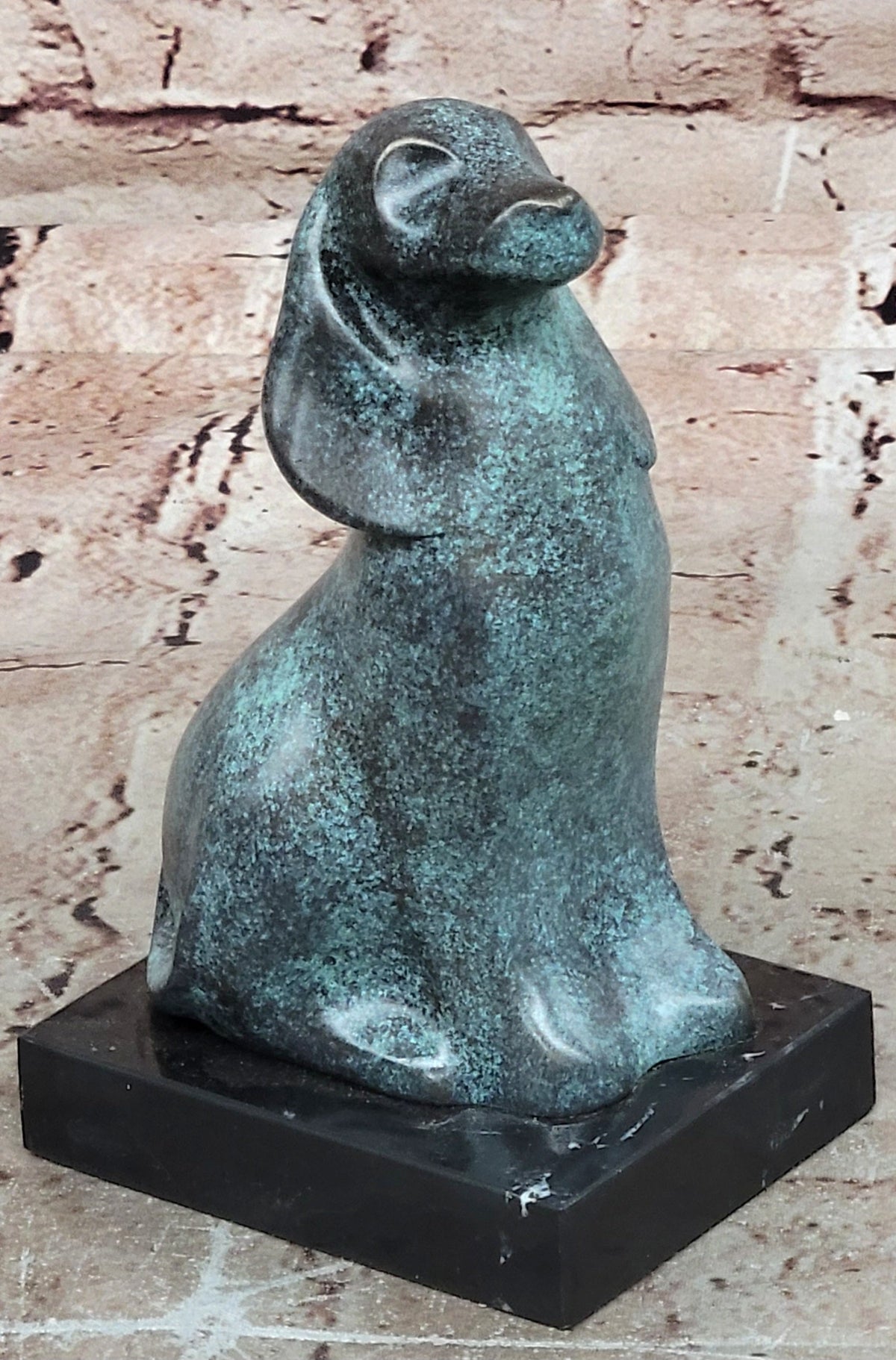 Abstract Bronze Sitting Dog Sculpture with Green Patina on Marble Base