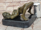 Nude Girl Touching Herself Erotic Bronze Sculpture Statue Figure Figurine Marble Base