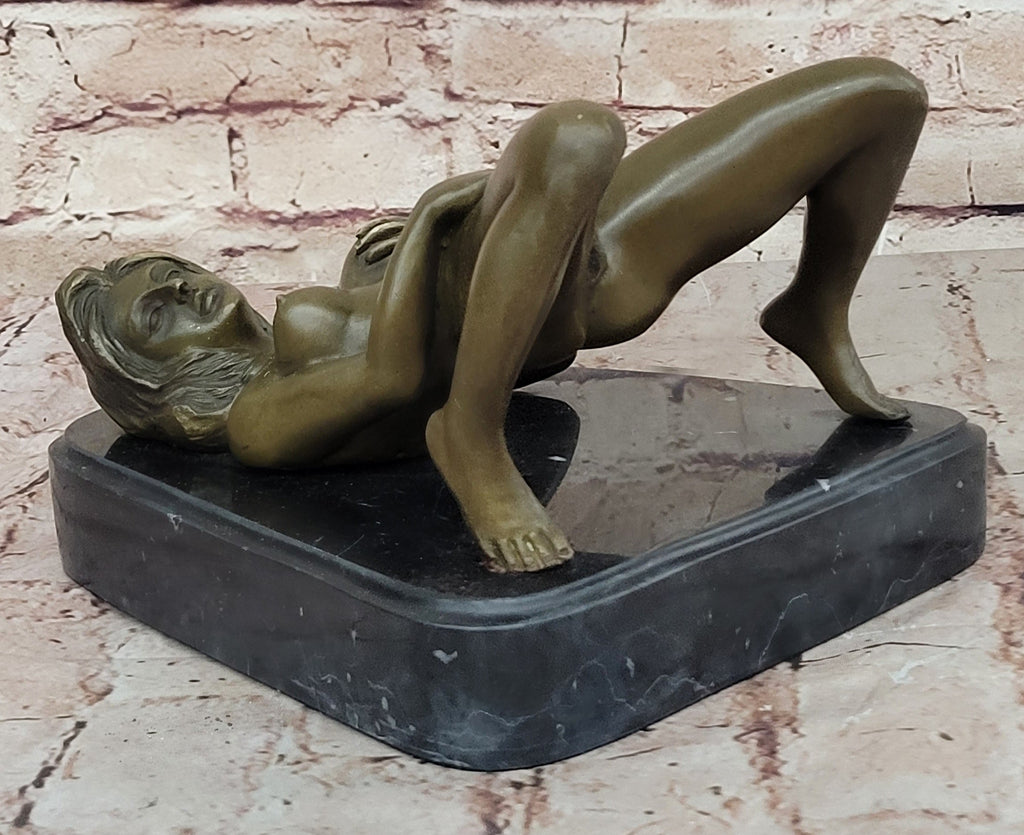 Nude Girl Touching Herself Erotic Bronze Sculpture Statue Figure Figurine Marble Base