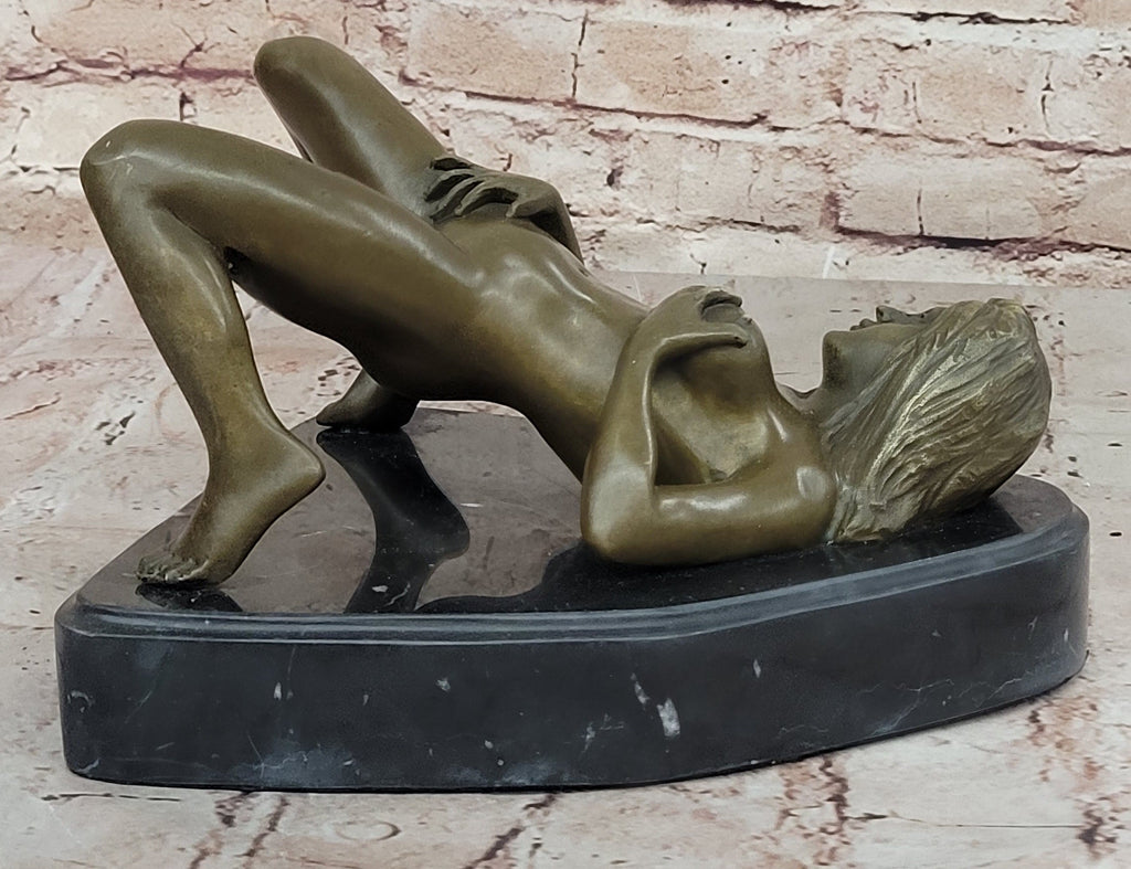 Nude Girl Touching Herself Erotic Bronze Sculpture Statue Figure Figurine Marble Base