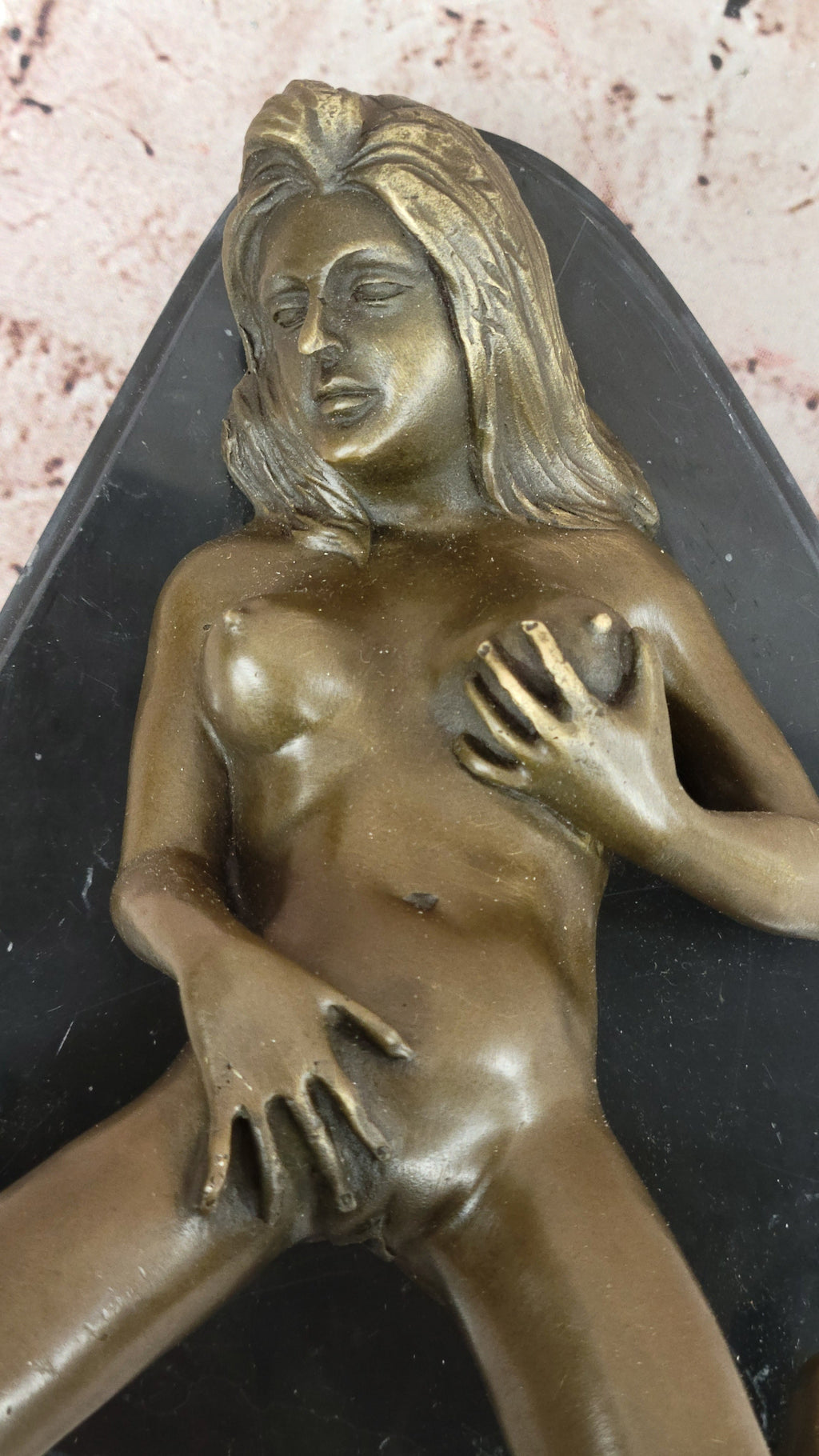 Nude Girl Touching Herself Erotic Bronze Sculpture Statue Figure Figurine Marble Base