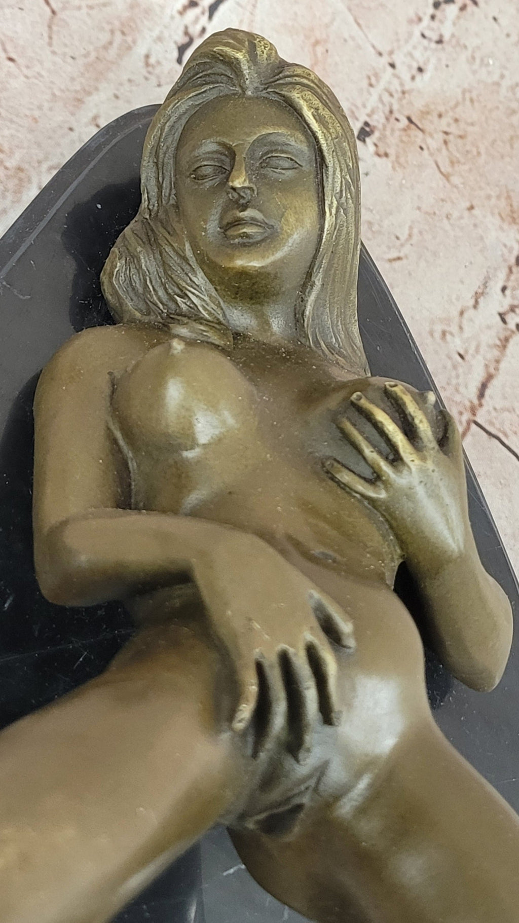 Nude Girl Touching Herself Erotic Bronze Sculpture Statue Figure Figurine Marble Base