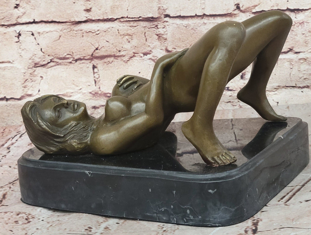 Nude Girl Touching Herself Erotic Bronze Sculpture Statue Figure Figurine Marble Base