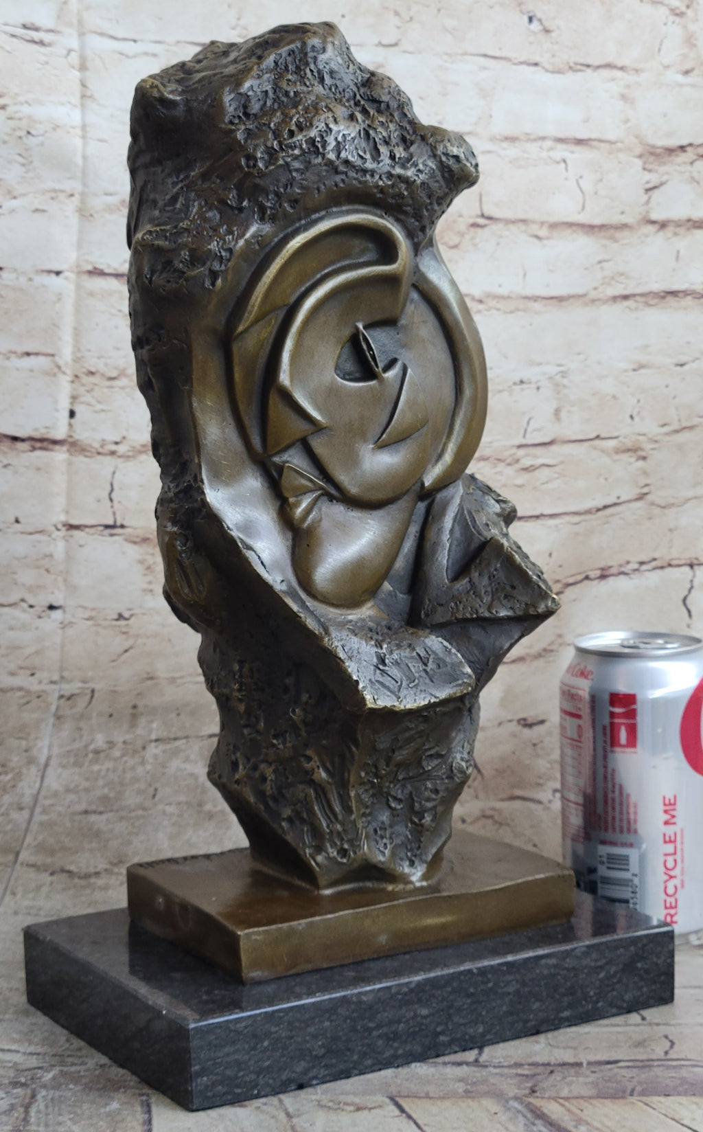 Handmade Abstract Bronze Face Sculpture Marble Base Modern Cubism Home Statue