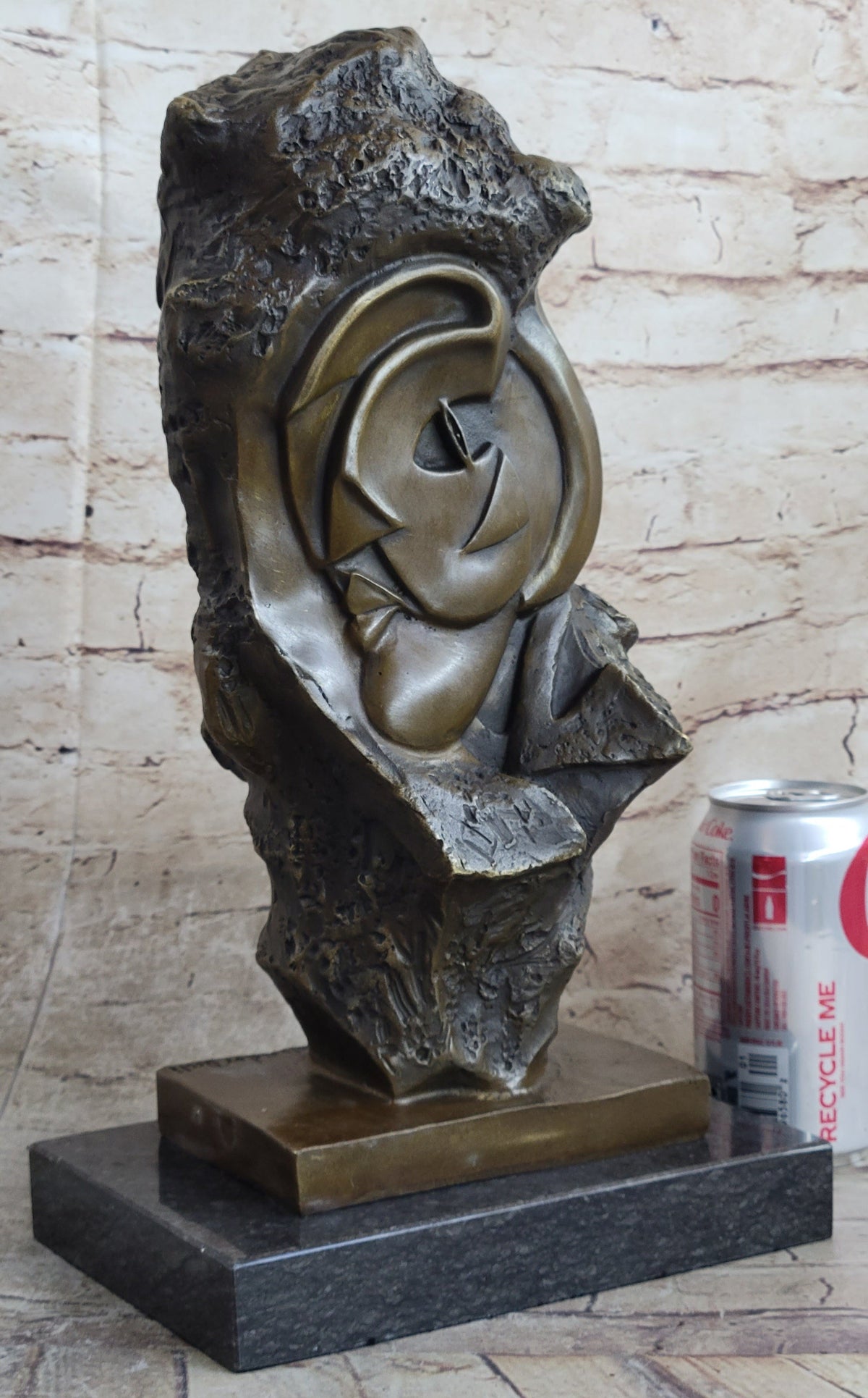 Handmade Abstract Bronze Face Sculpture Marble Base Modern Cubism Home Statue