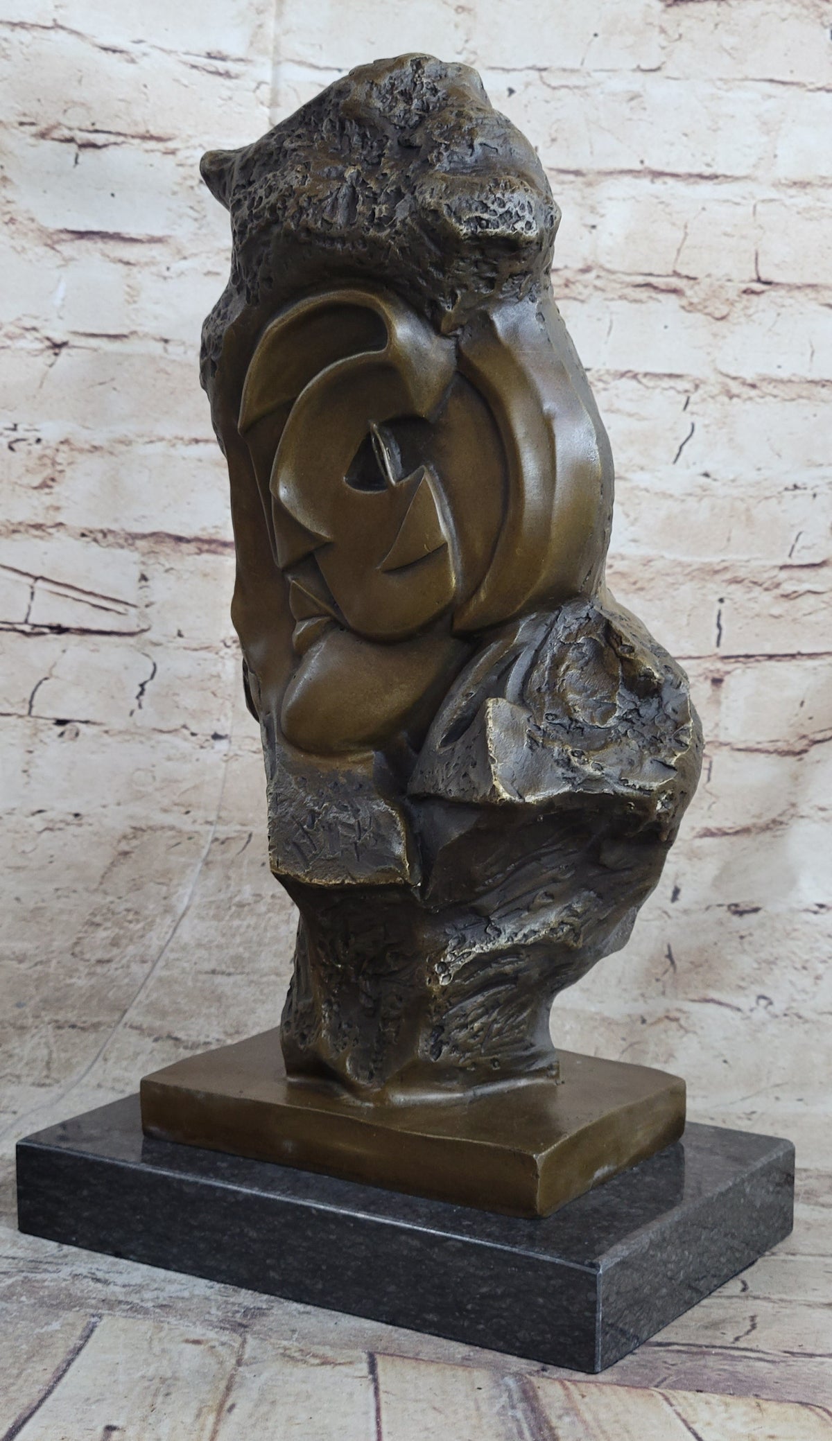 Handmade Abstract Bronze Face Sculpture Marble Base Modern Cubism Home Statue