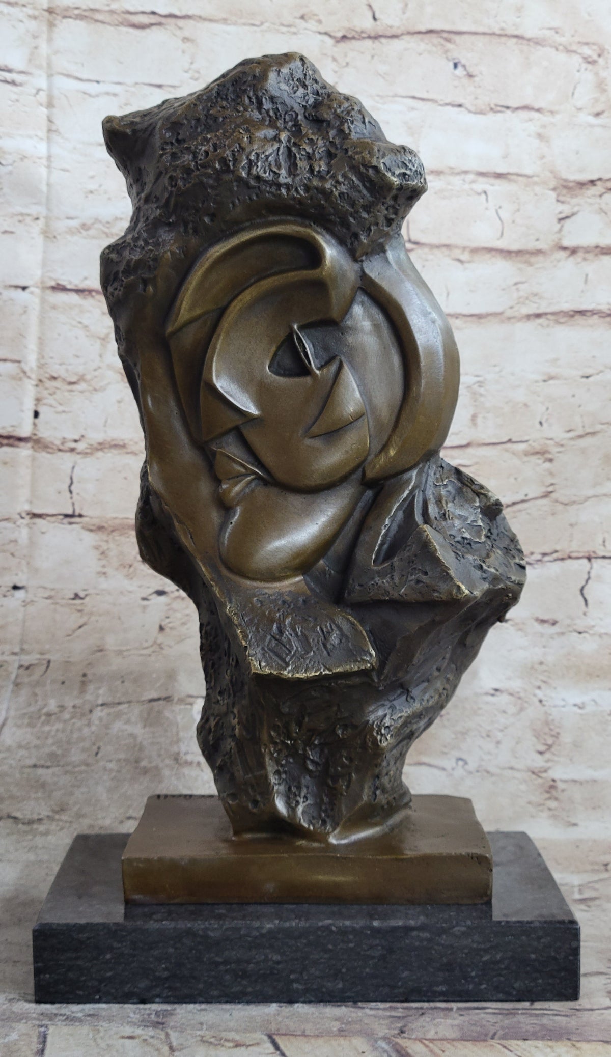 Handmade Abstract Bronze Face Sculpture Marble Base Modern Cubism Home Statue