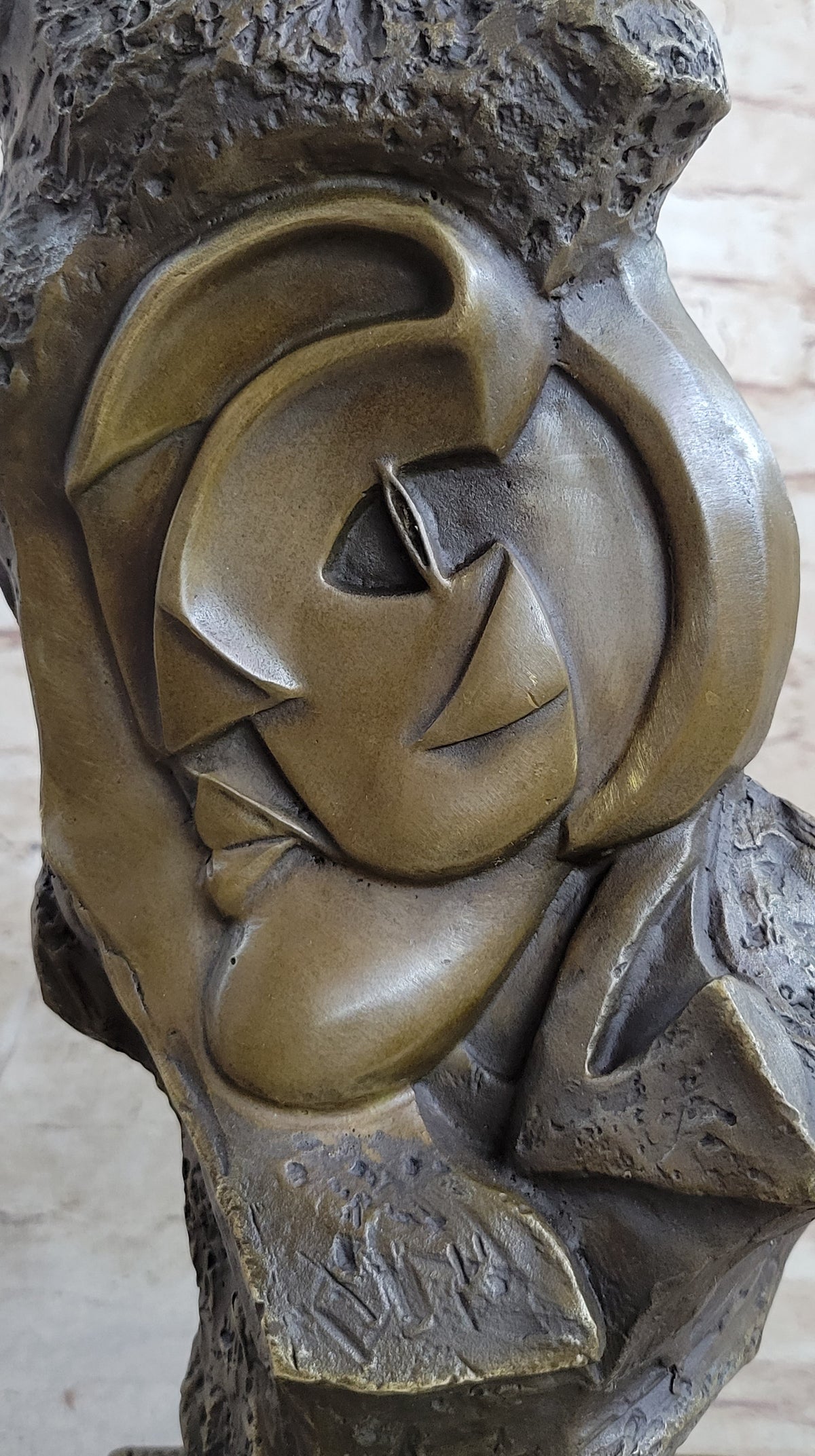 Handmade Abstract Bronze Face Sculpture Marble Base Modern Cubism Home Statue