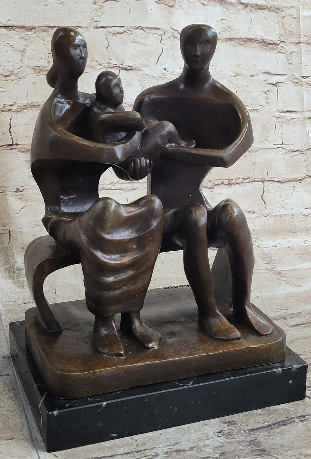 Henry Moore Family in Park Bench Bronze Sculpture Marble Base Abstract Statue NR
