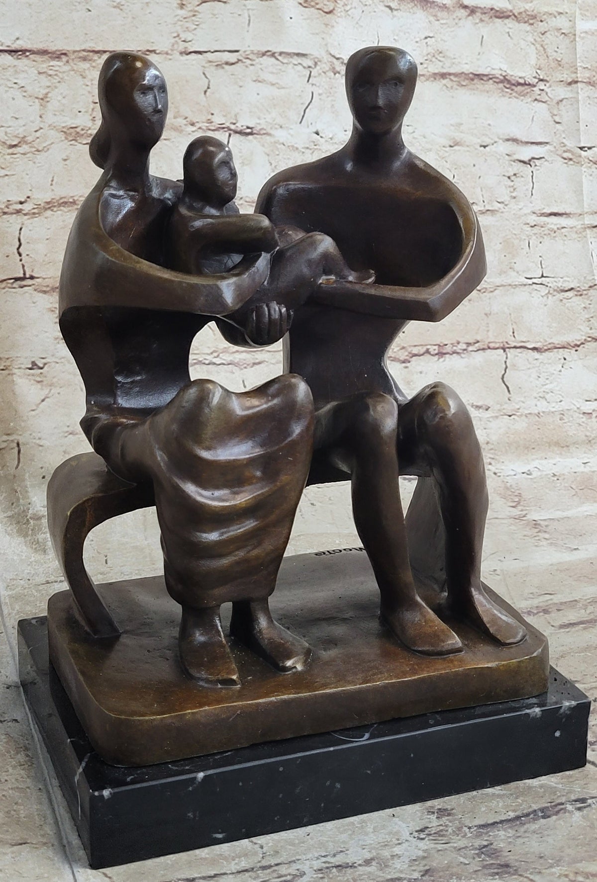 Henry Moore Family in Park Bench Bronze Sculpture Marble Base Abstract Statue NR