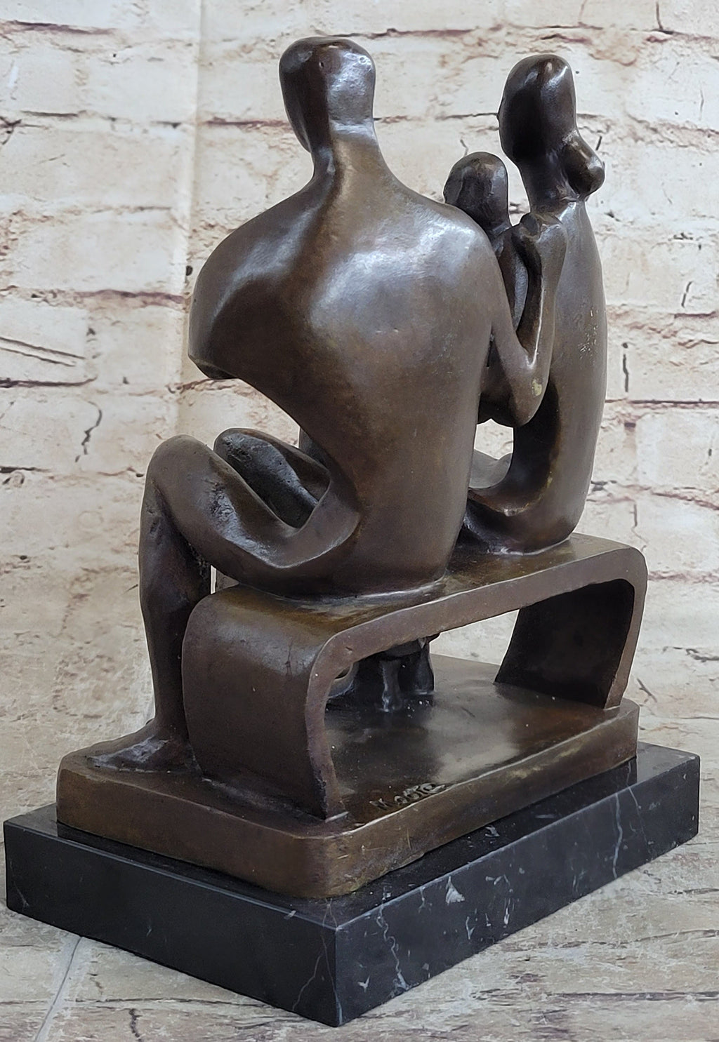 Henry Moore Family in Park Bench Bronze Sculpture Marble Base Abstract Statue NR