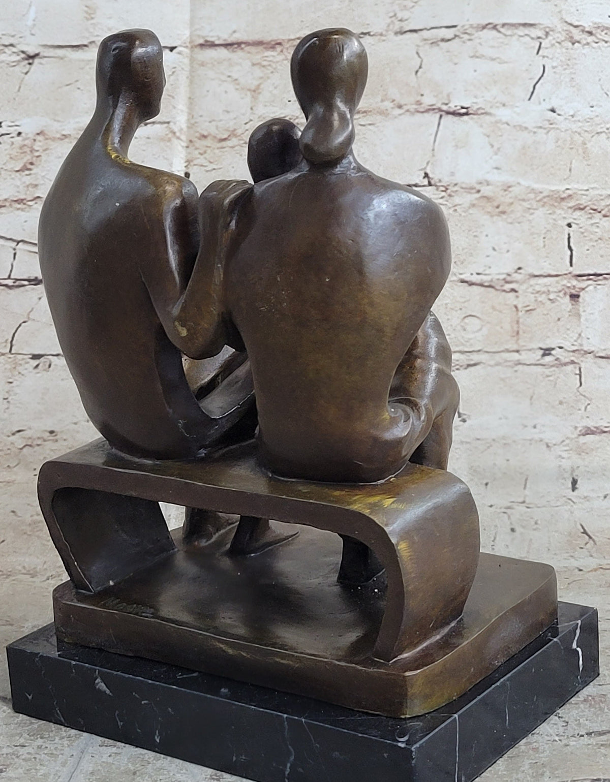 Henry Moore Family in Park Bench Bronze Sculpture Marble Base Abstract Statue NR