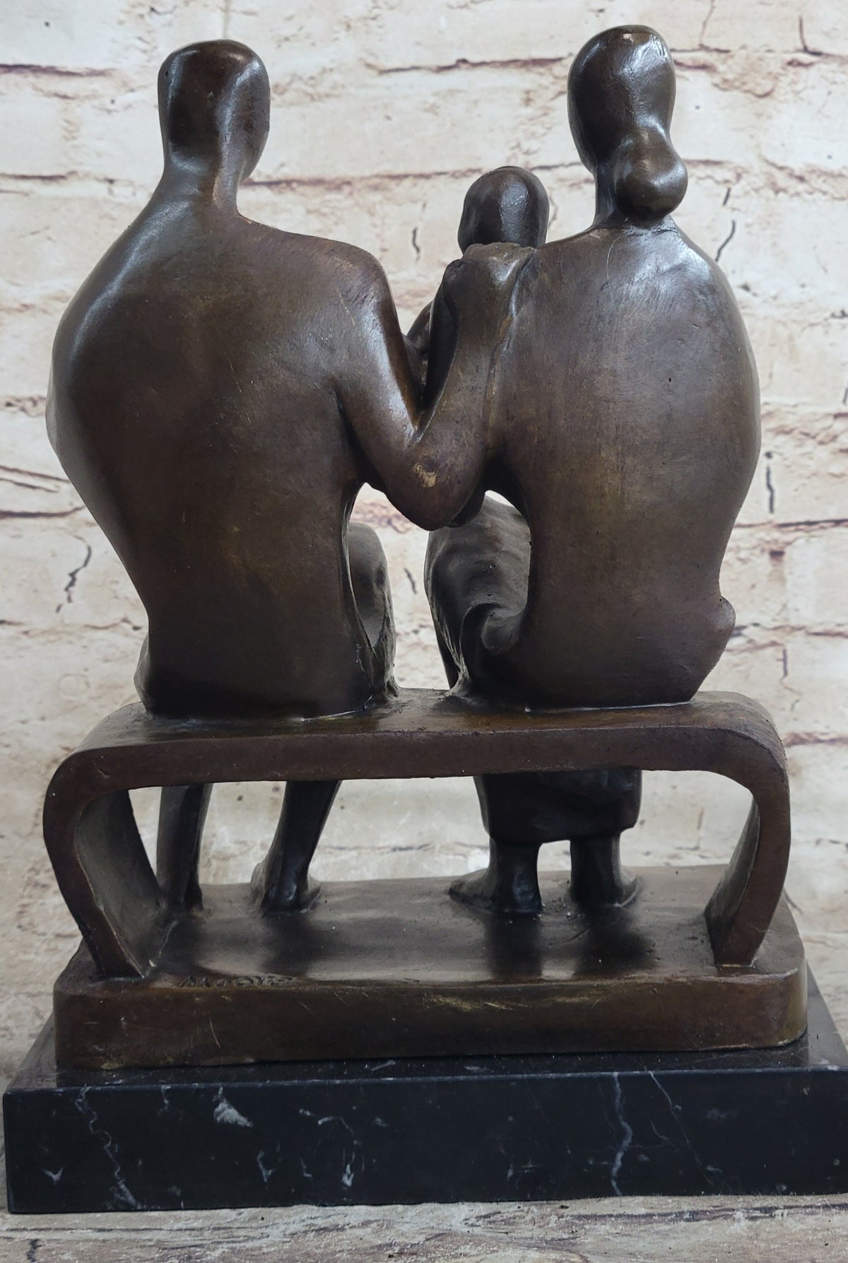 Henry Moore Family in Park Bench Bronze Sculpture Marble Base Abstract Statue NR