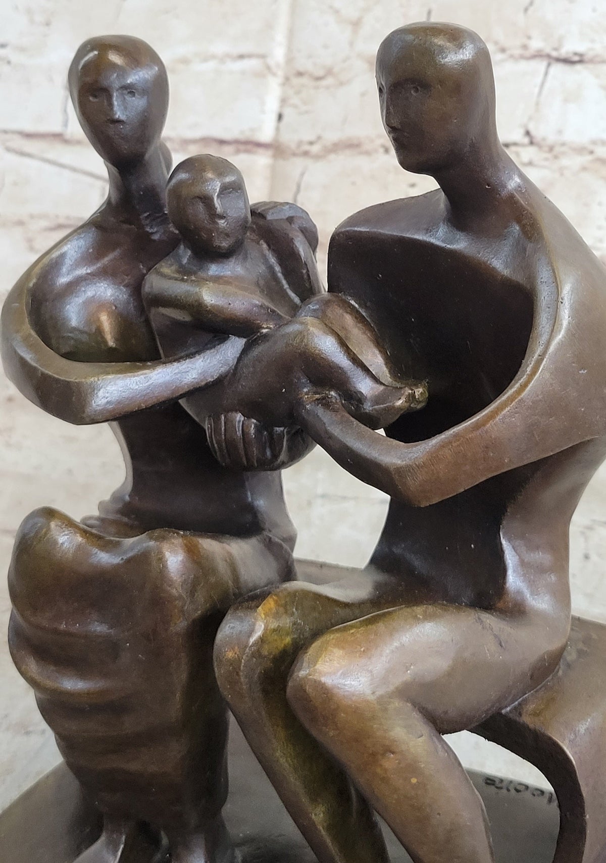 Henry Moore Family in Park Bench Bronze Sculpture Marble Base Abstract Statue NR