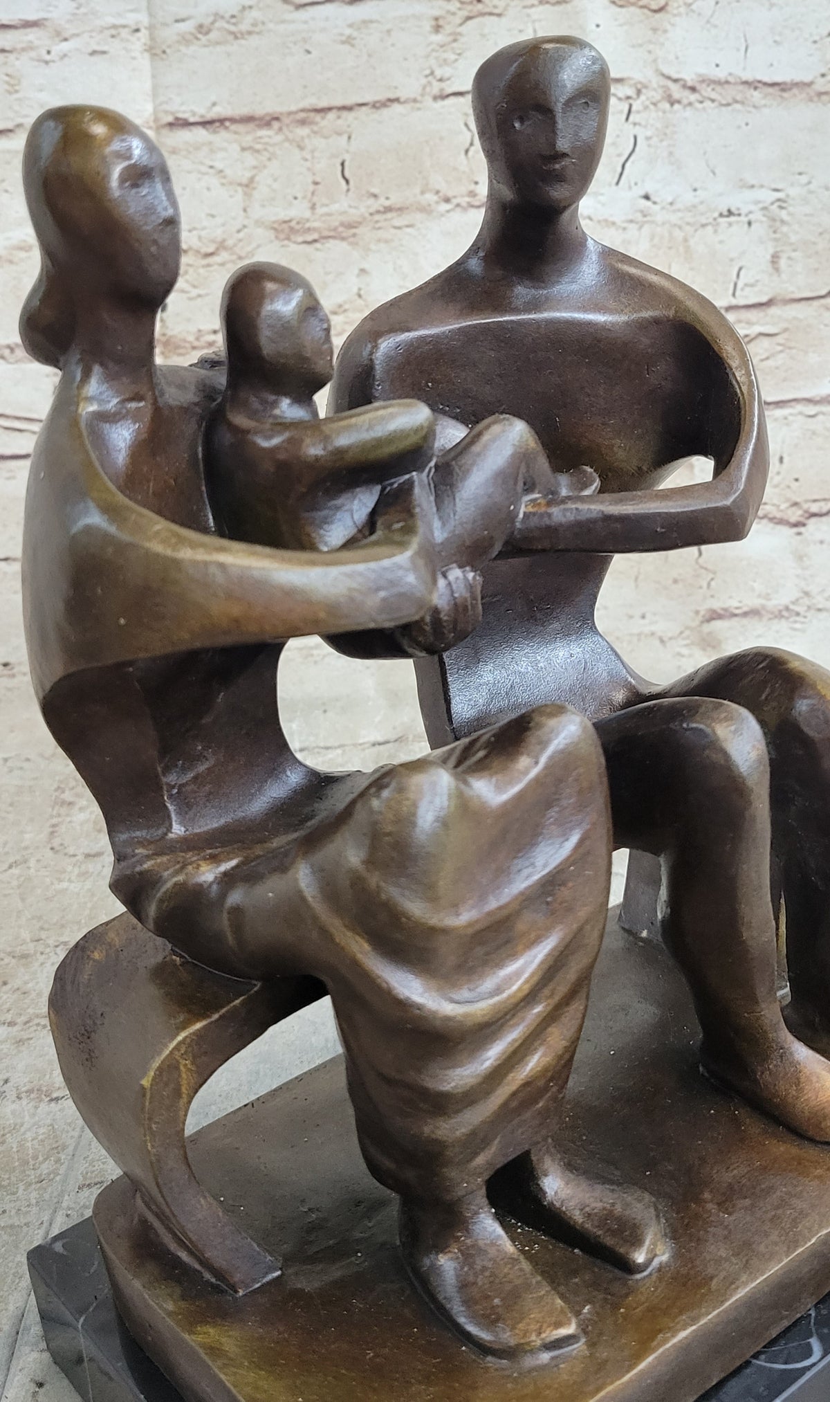 Henry Moore Family in Park Bench Bronze Sculpture Marble Base Abstract Statue NR