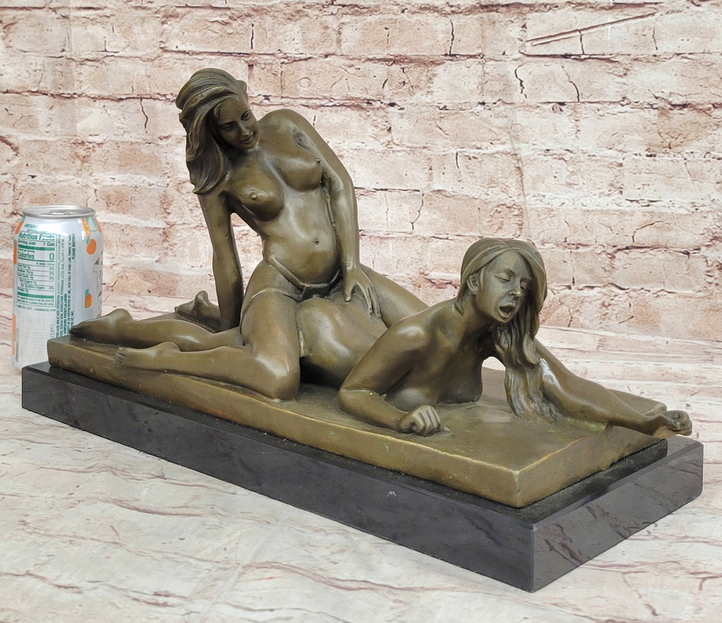 Original Bronze Erotic Art Sculpture Statue by Mavchi Two Lesbian Lovers Strap-On Sex