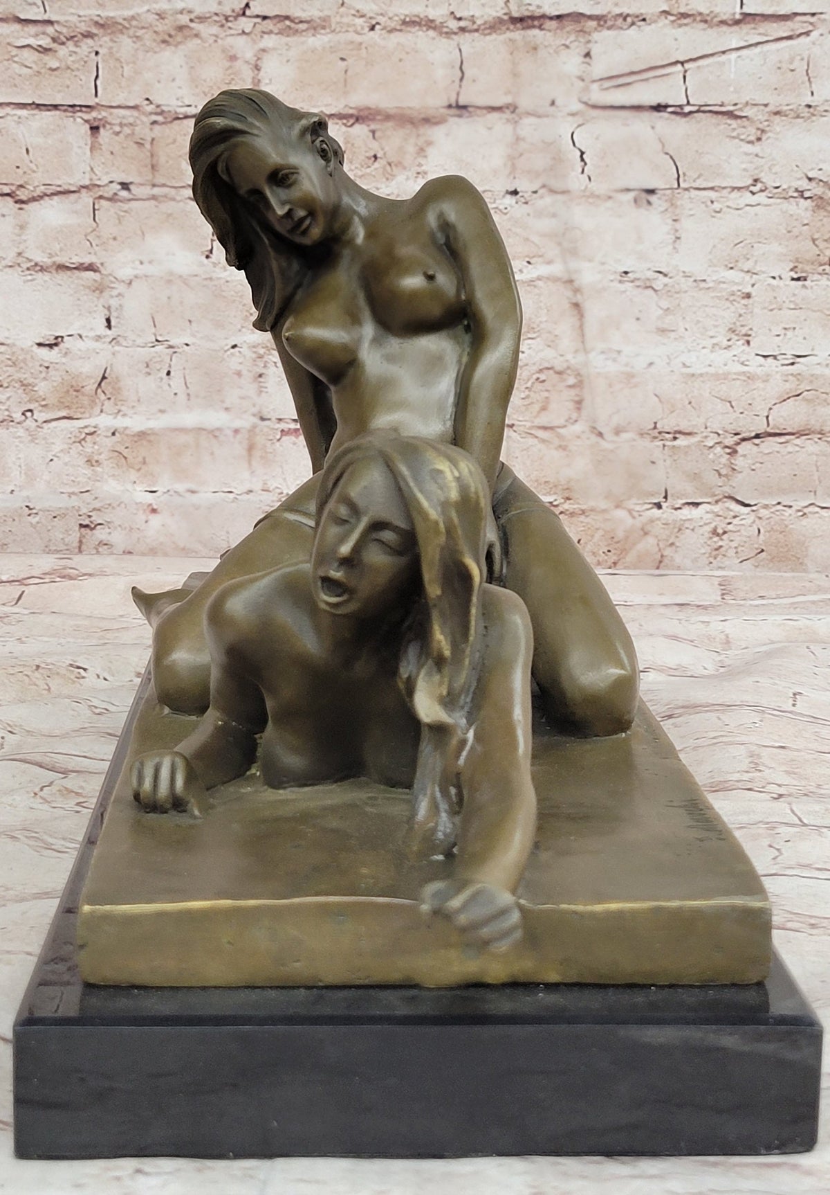 Original Bronze Erotic Art Sculpture Statue by Mavchi Two Lesbian Lovers Strap-On Sex