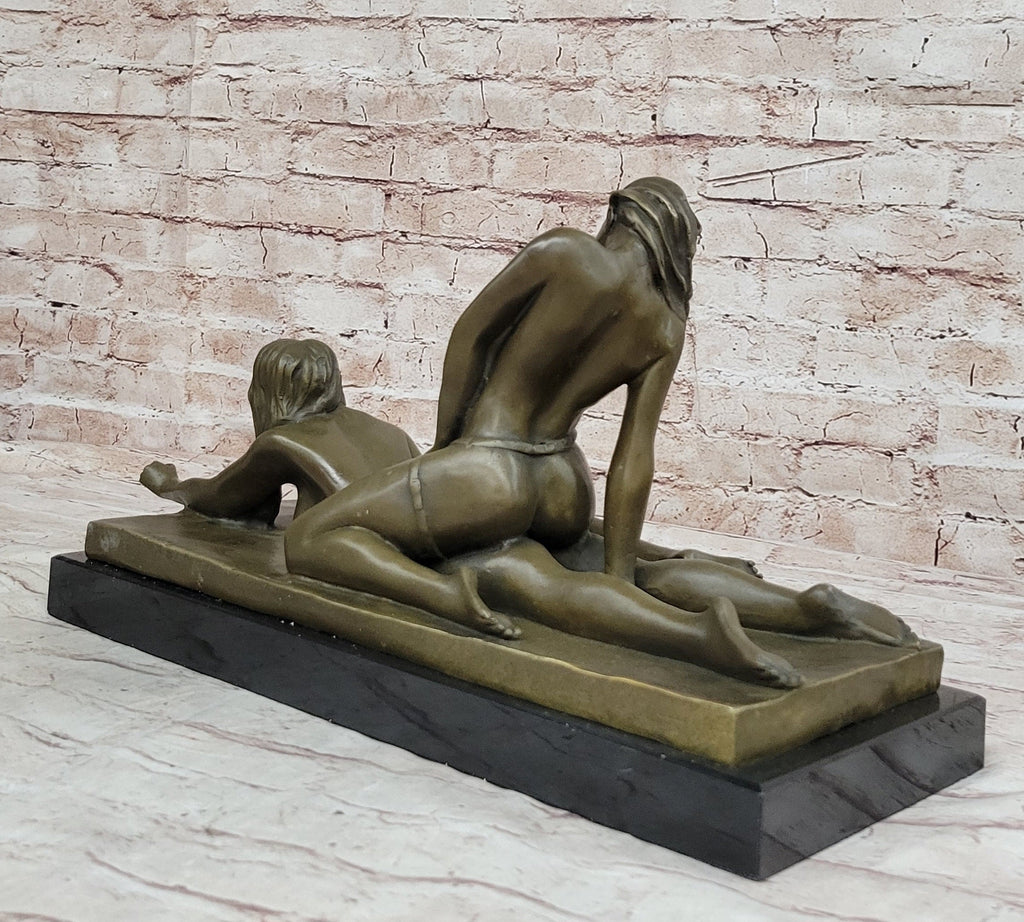 Original Bronze Erotic Art Sculpture Statue by Mavchi Two Lesbian Lovers Strap-On Sex