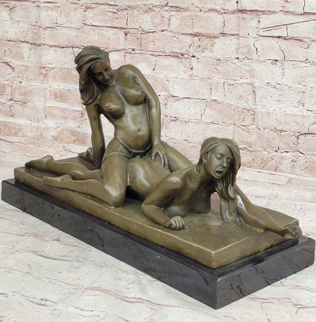 Original Bronze Erotic Art Sculpture Statue by Mavchi Two Lesbian Lovers Strap-On Sex