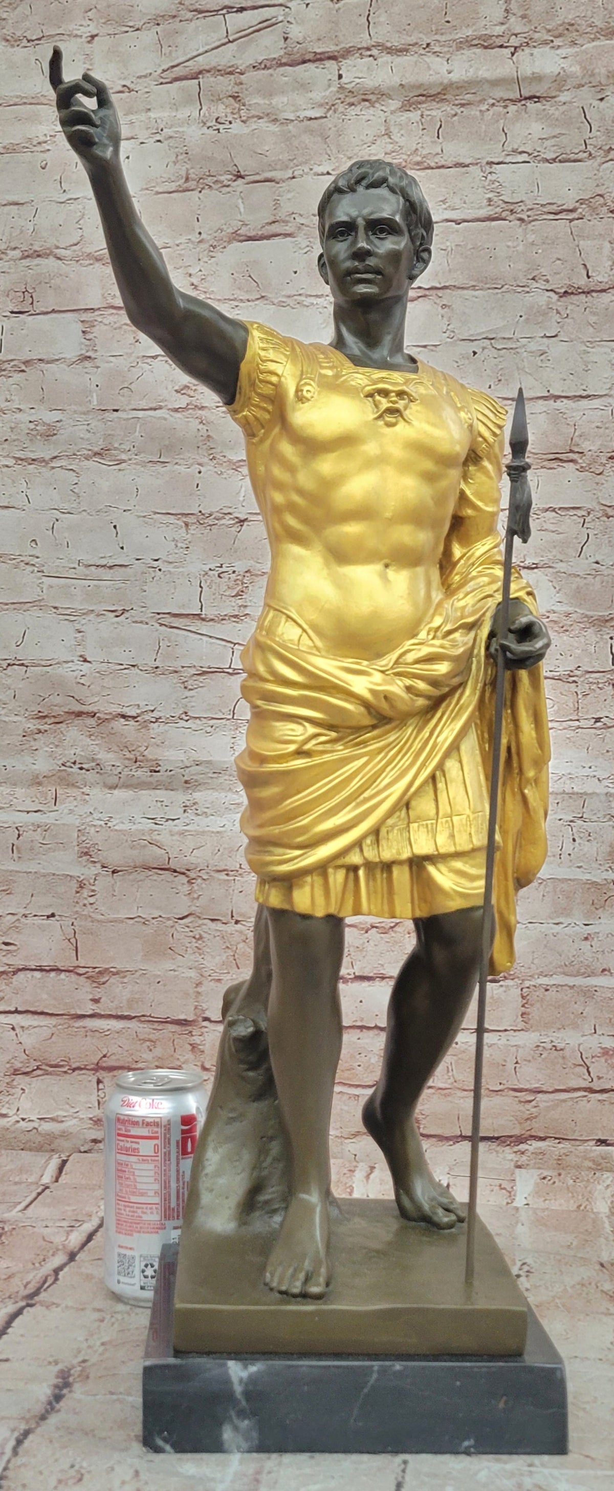 Bronze Roman Caesar Warrior Statue with Gilded Armor and Spear on Base