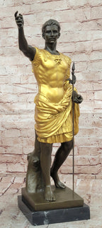 Bronze Roman Caesar Warrior Statue with Gilded Armor and Spear on Base