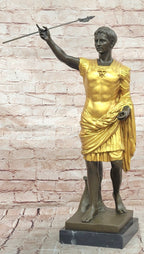 Bronze Roman Caesar Warrior Statue with Gilded Armor and Spear on Base
