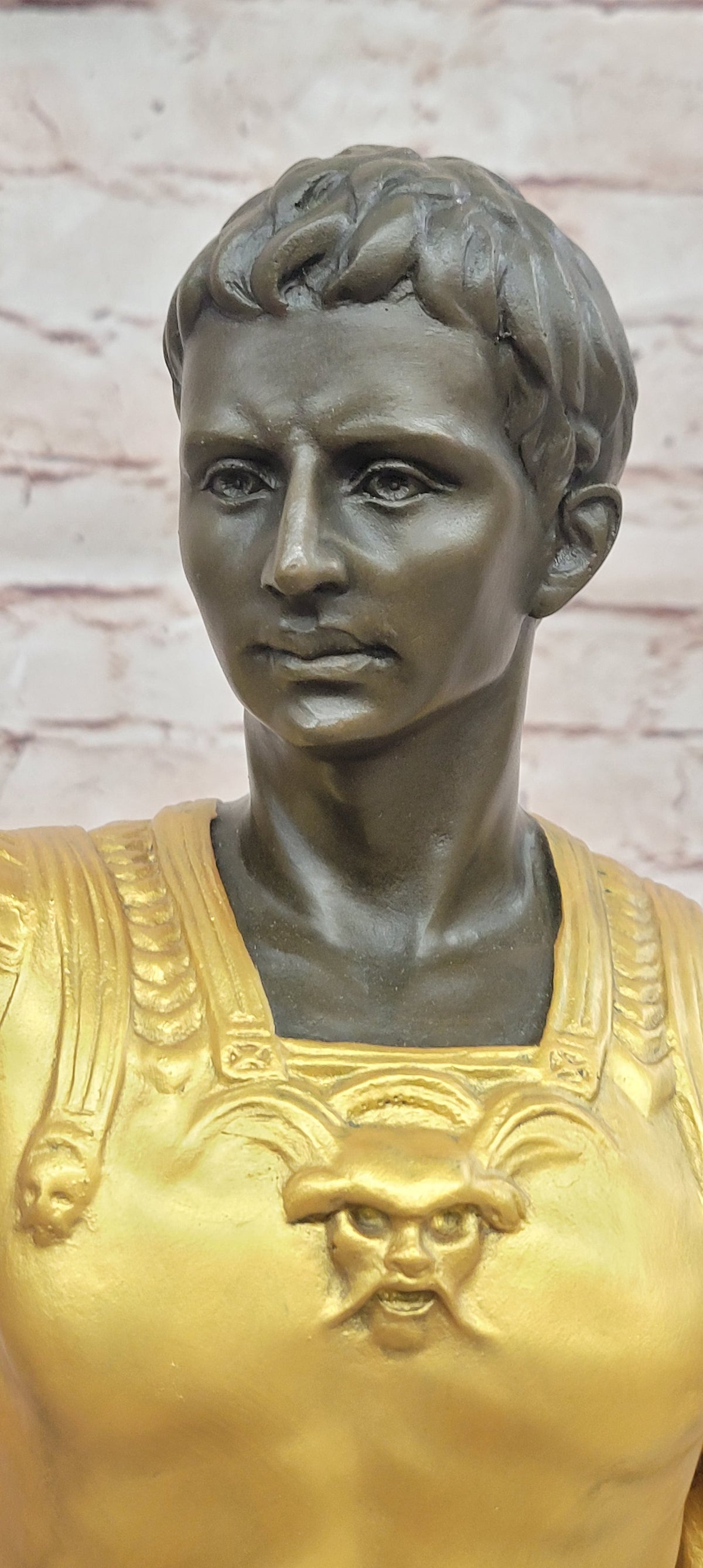 Bronze Roman Caesar Warrior Statue with Gilded Armor and Spear on Base