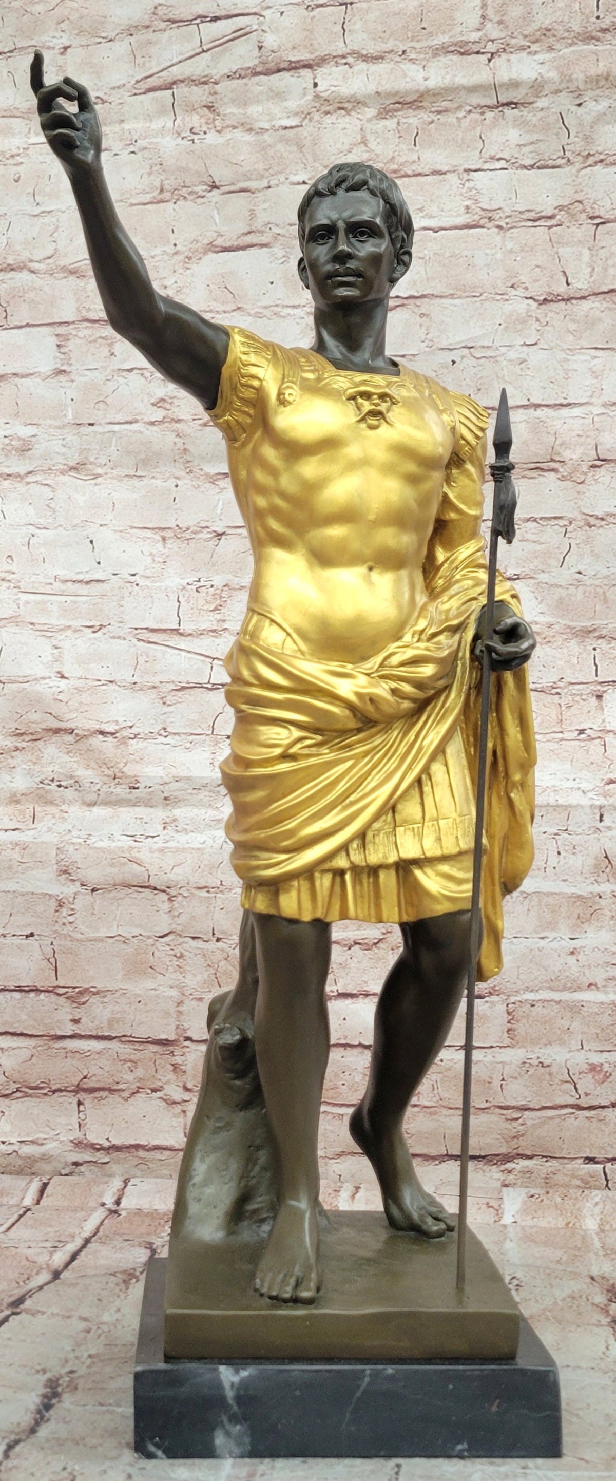 Bronze Roman Caesar Warrior Statue with Gilded Armor and Spear on Base