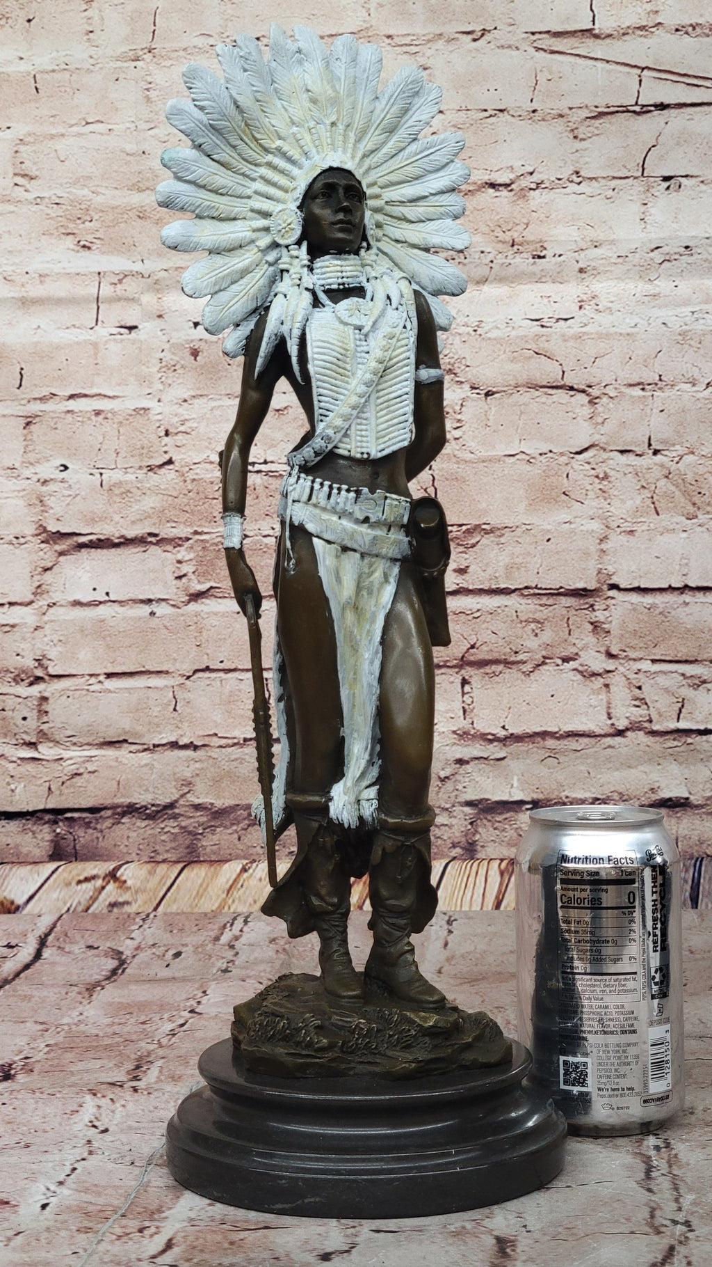 Native American Girl in Feathered Bonnet Bronze Statue Signed Original