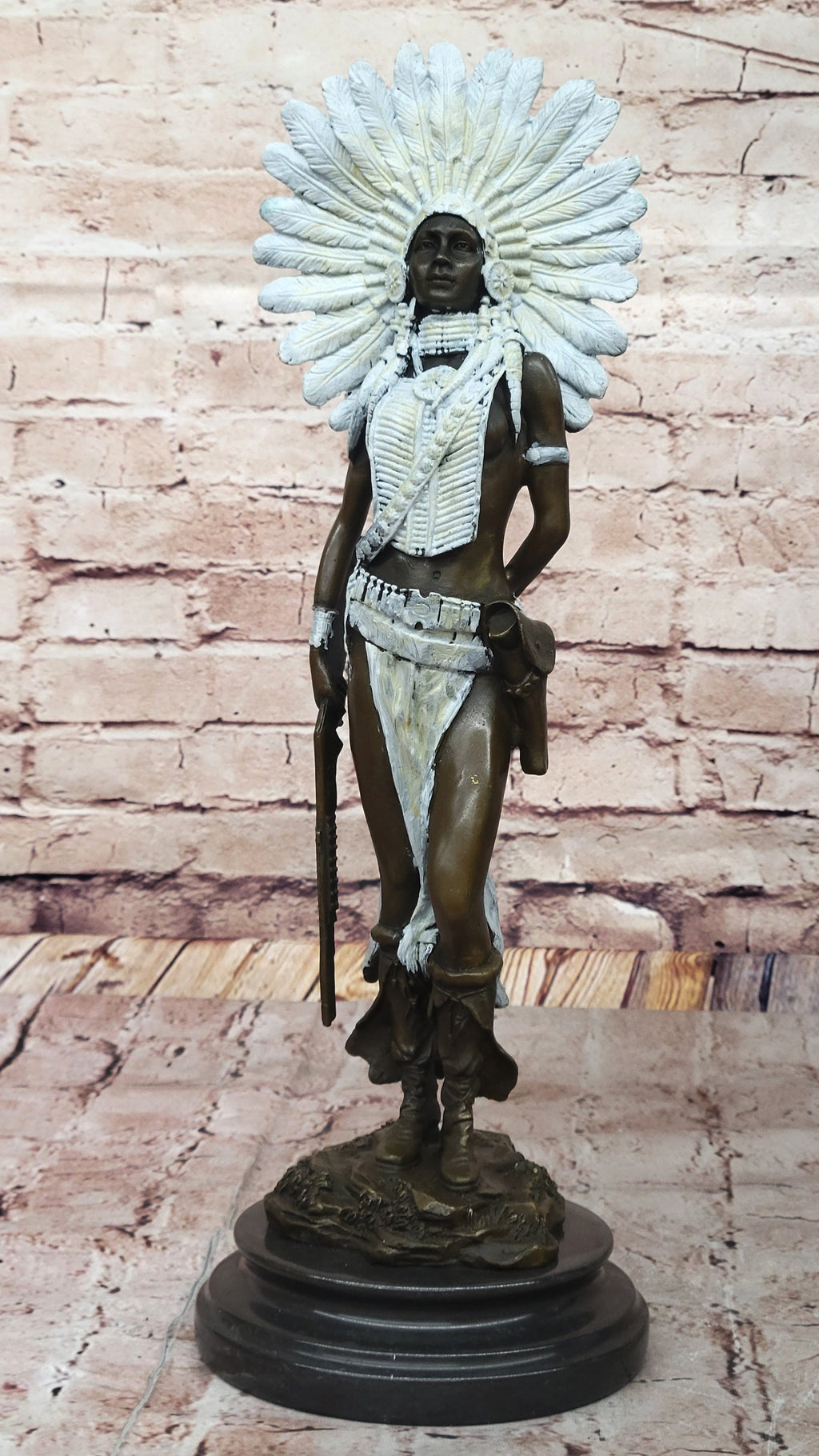 Native American Girl in Feathered Bonnet Bronze Statue Signed Original