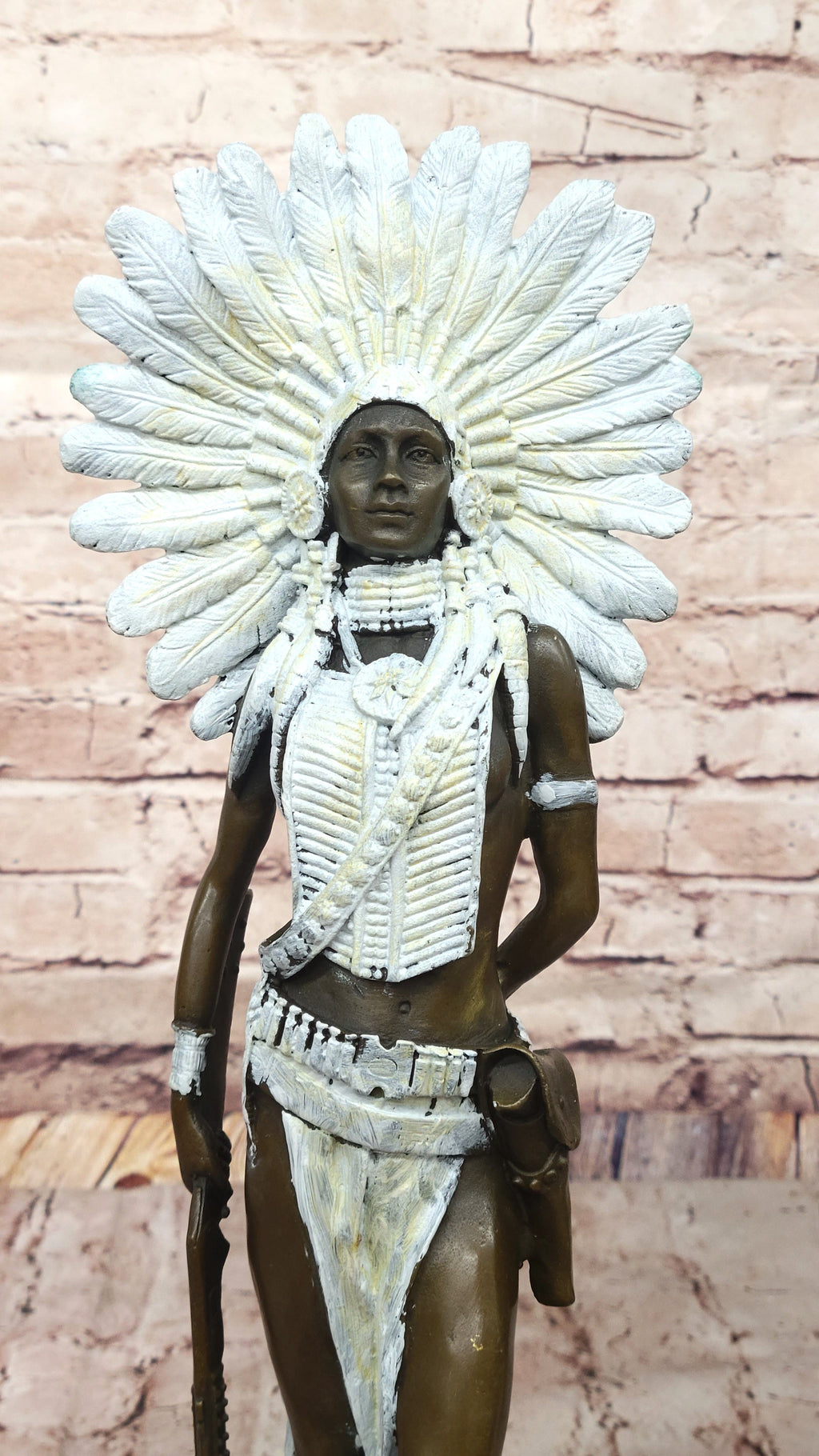 Native American Girl in Feathered Bonnet Bronze Statue Signed Original