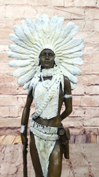 Native American Girl in Feathered Bonnet Bronze Statue Signed Original