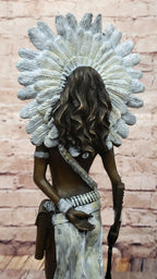 Native American Girl in Feathered Bonnet Bronze Statue Signed Original