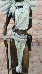 Native American Girl in Feathered Bonnet Bronze Statue Signed Original