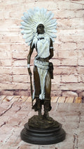 Native American Girl in Feathered Bonnet Bronze Statue Signed Original