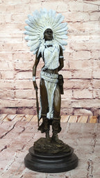 Native American Girl in Feathered Bonnet Bronze Statue Signed Original