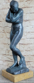 EVE by Auguste Rodin (1880) Bronze Statue Sculpture Replica Green Patina on Tan Marble Base